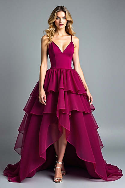 Leely Women Burgundy Ball Gown A Line Tiered Chiffon Formal Dress V-Neck Spaghetti Straps Flowy Ruffled Prom Dress