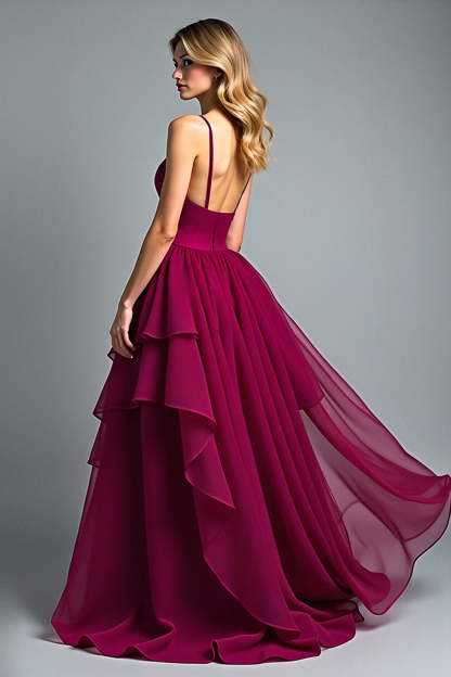 Burgundy Ball Gown Tiered Flowy Asymmetrical Chiffon Formal Dress