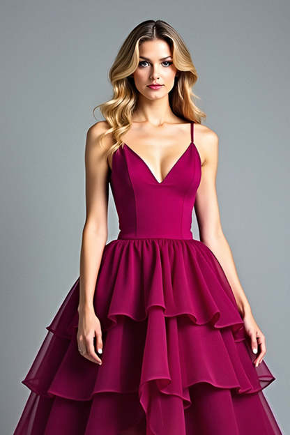 Burgundy Ball Gown Tiered Flowy Asymmetrical Chiffon Formal Dress