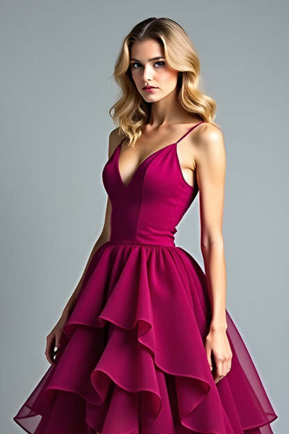 Burgundy Ball Gown Tiered Flowy Asymmetrical Chiffon Formal Dress