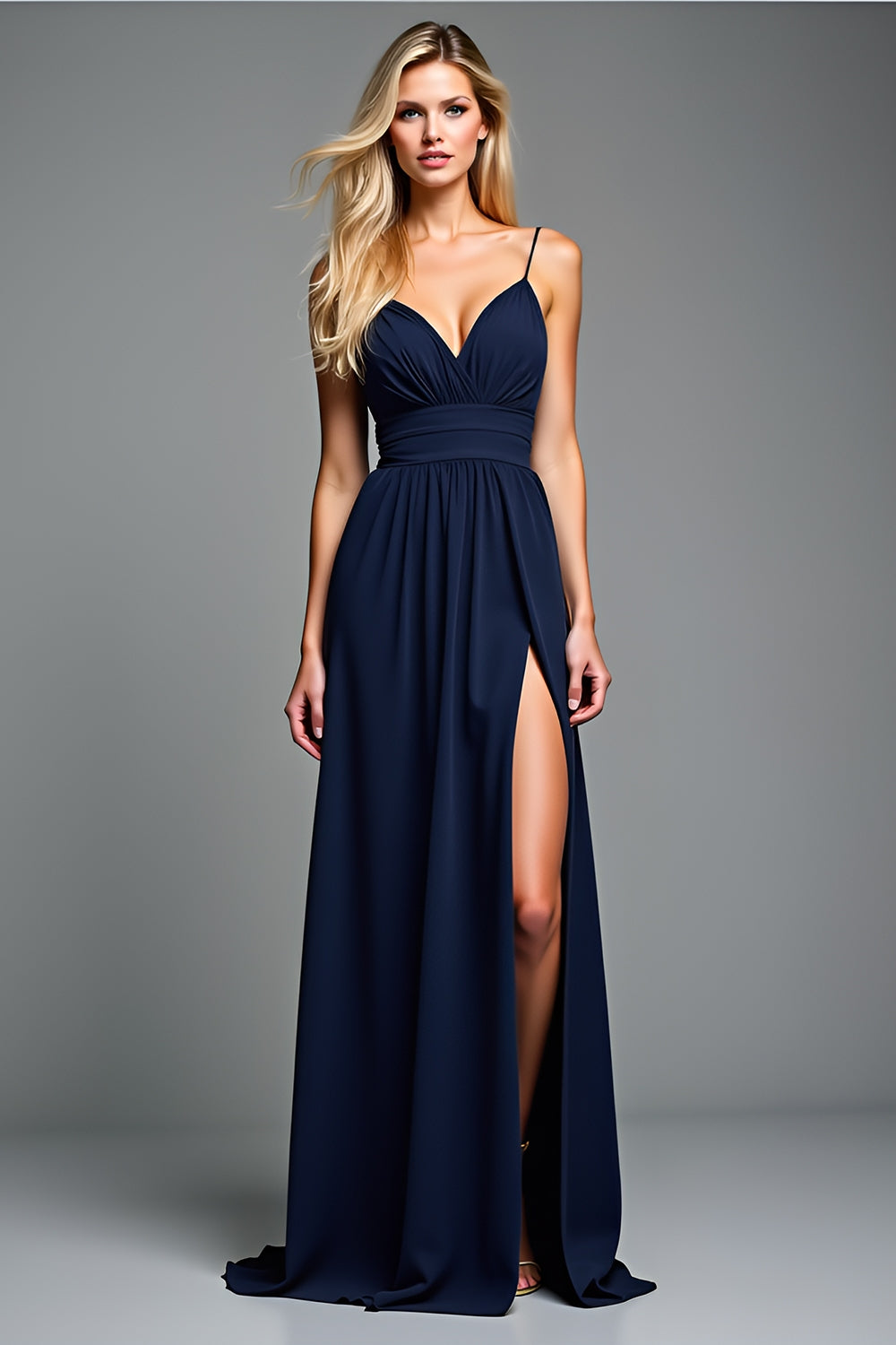 Leely Women NavyA Line Pleated Wedding Guest Dress with Slit Spaghetti Straps V-Neck Long Formal Dress