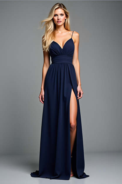 Leely Women NavyA Line Pleated Wedding Guest Dress with Slit Spaghetti Straps V-Neck Long Formal Dress