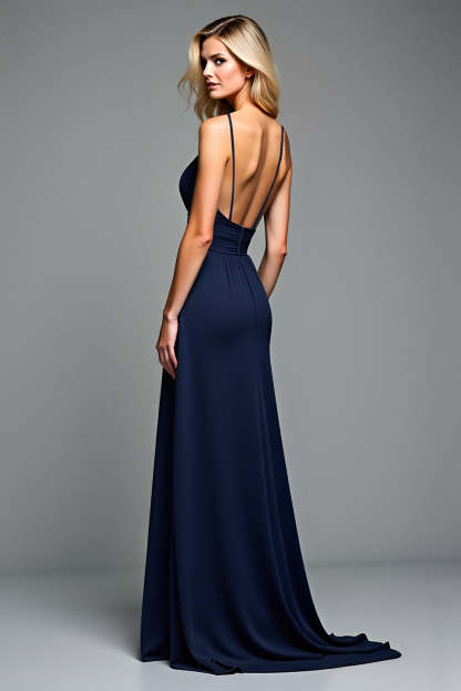 Navy Pleated Backless Long Wedding Guest Dress with Slit