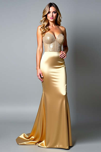 Leely Women Satin Golden Corset Sheath Prom Dress with Beading Strapless Long Formal Dress