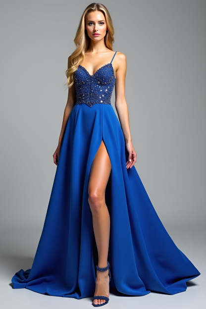 LeelySA Women A Line Royal Blue Beaded Prom Dress with Slit Spaghetti Straps Long Formal Dress