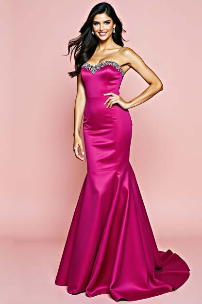 Leely Women Satin Fuchsia Mermaid Prom Dress with Beading Sweetheart Strapless Backless Long Formal Dress