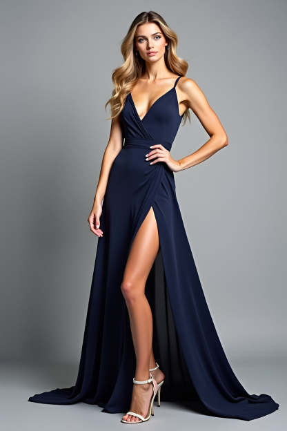 LeelySA Women Navy V-Neck A Line Wedding Guest Dress with Slit Spaghetti Straprs Backless Maxi Formal Dress