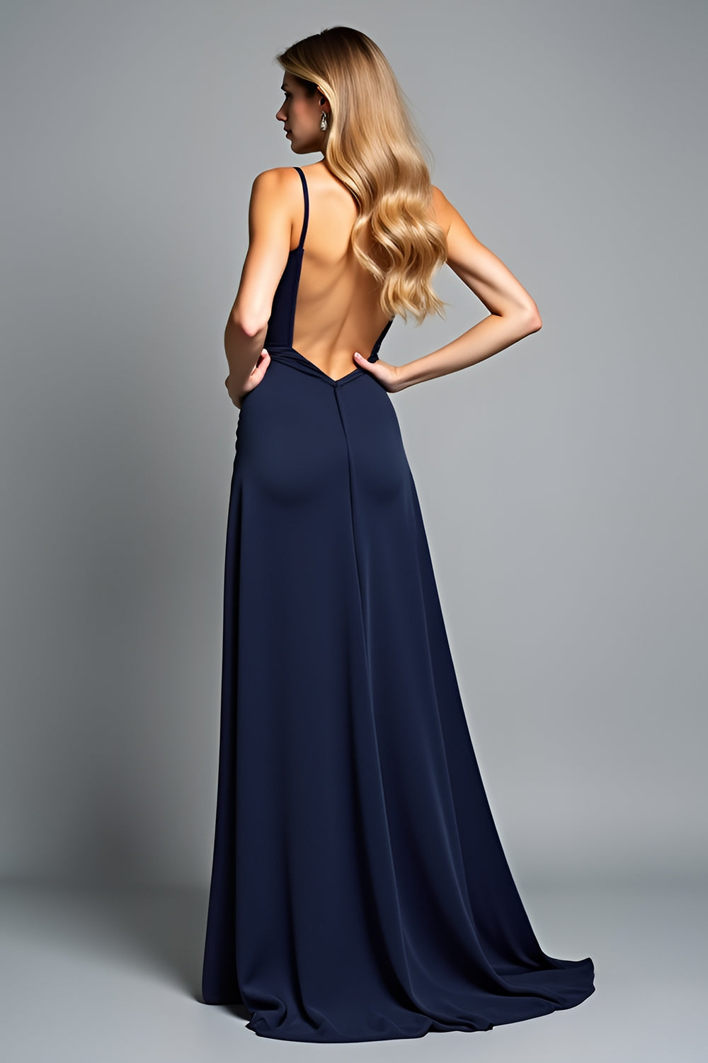 Navy V-Neck A Line Maxi Wedding Guest Dress with Slit