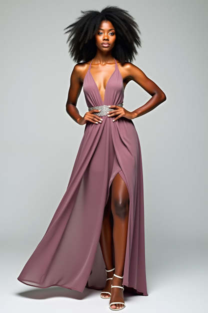 LeelySA Women Chiffon A Line Grey Purple Halter Wedding Guest Dress with Slit Backless Floor Length Formal Dress