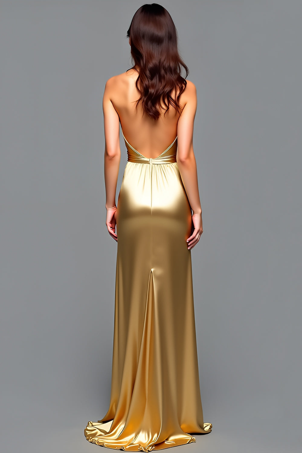 Metallic Golden Halter Sheath Long Wedding Guest Dress with Slit