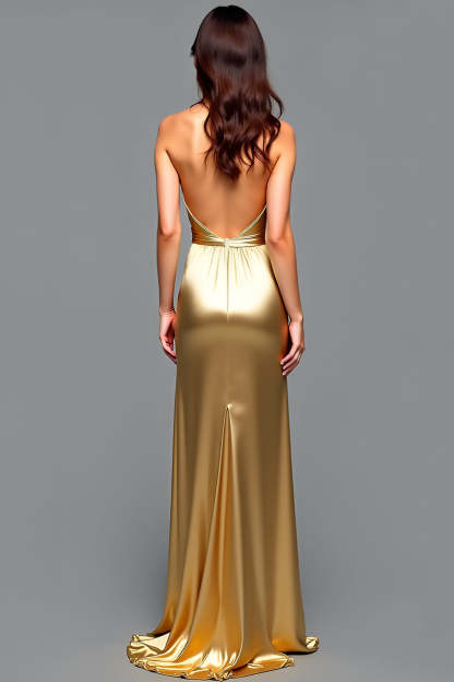 Metallic Golden Halter Sheath Long Wedding Guest Dress with Slit