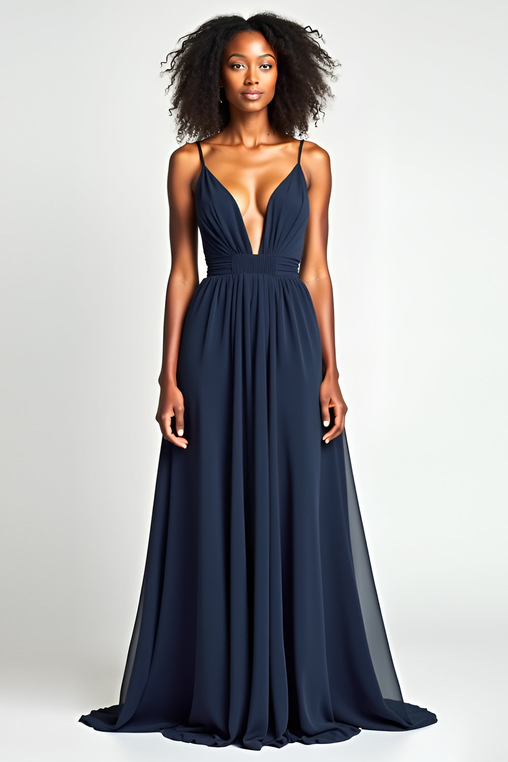 Navy V Neck Pleated A Line Long Wedding Guest Dress
