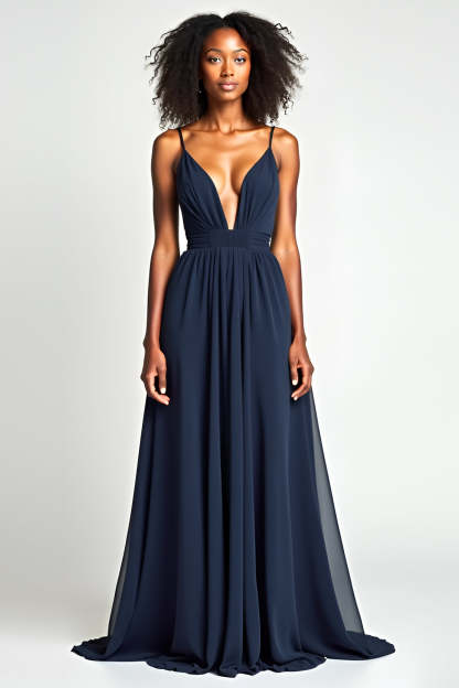 Leely Women Navy A Line Long Wedding Guest Dress V-Neck Backless Spaghetti Straps Pleated Chiffon Formal Dress
