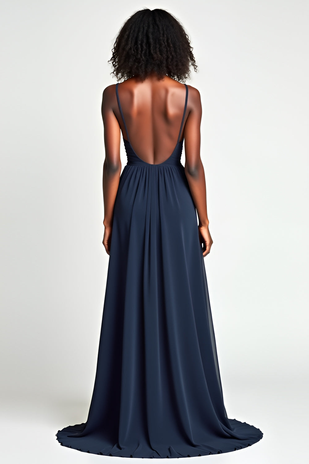 Navy V Neck Pleated A Line Long Wedding Guest Dress