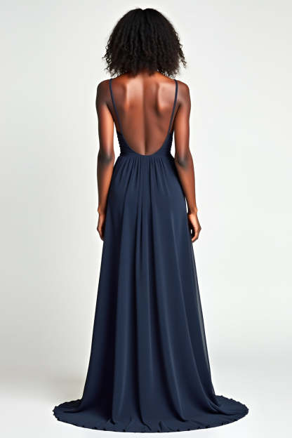 Navy V Neck Pleated A Line Long Wedding Guest Dress