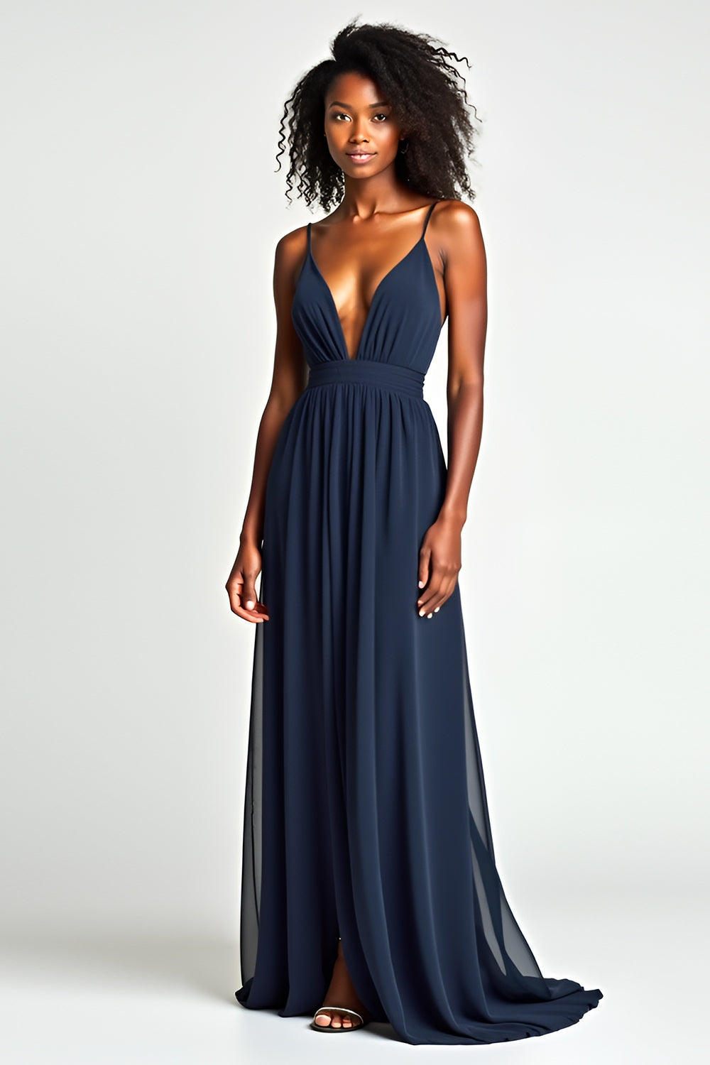 Navy V Neck Pleated A Line Long Wedding Guest Dress