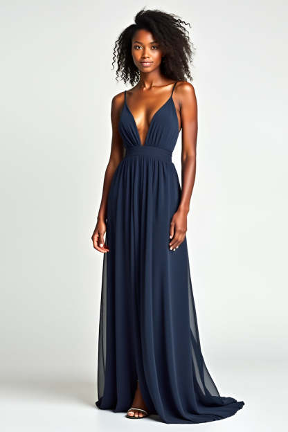 Navy V Neck Pleated A Line Long Wedding Guest Dress