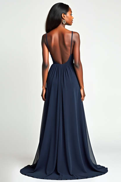 Navy V Neck Pleated A Line Long Wedding Guest Dress