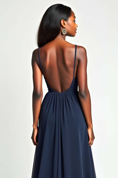 Navy V Neck Pleated A Line Long Wedding Guest Dress