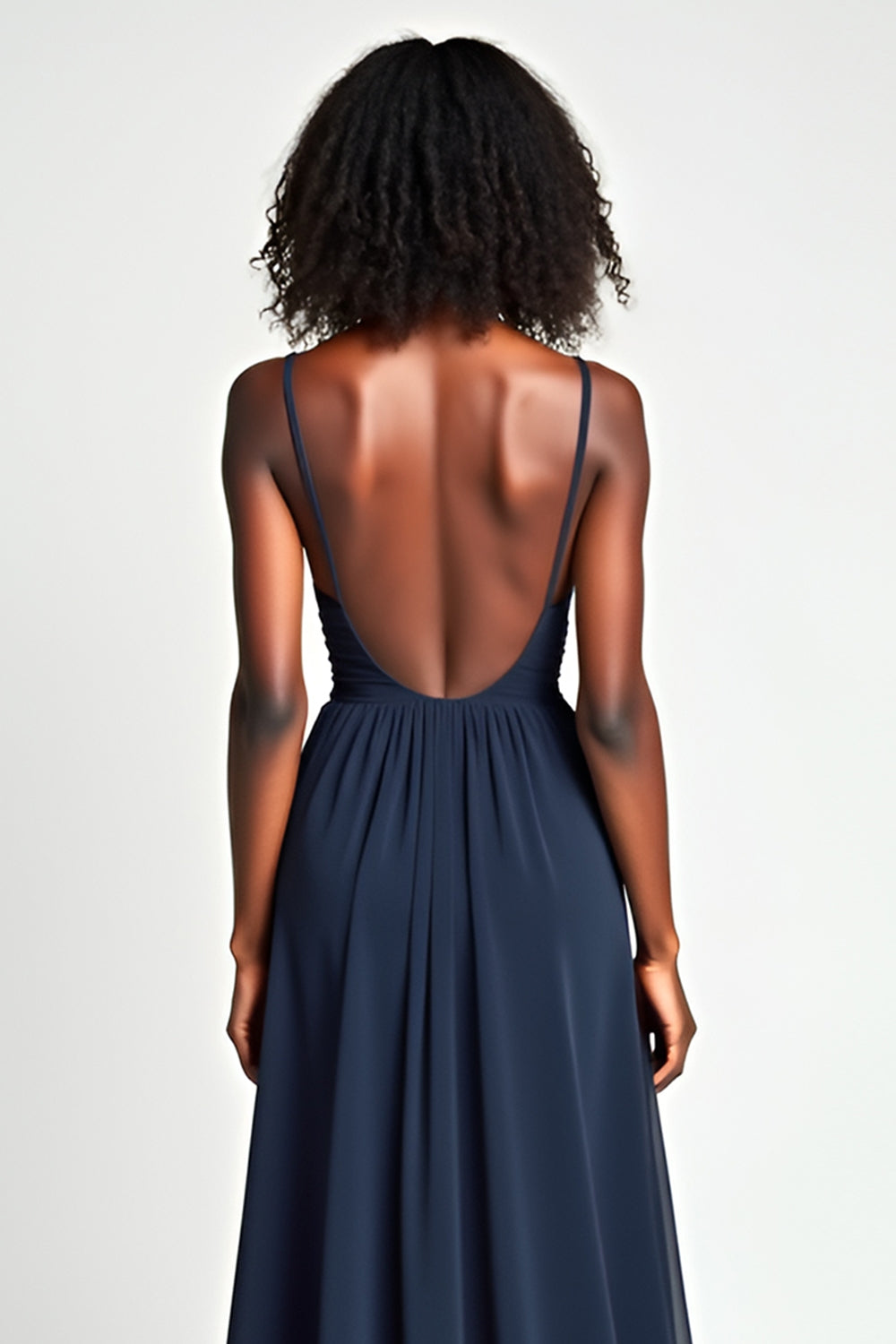 Navy V Neck Pleated A Line Long Wedding Guest Dress