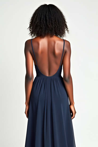Navy V Neck Pleated A Line Long Wedding Guest Dress
