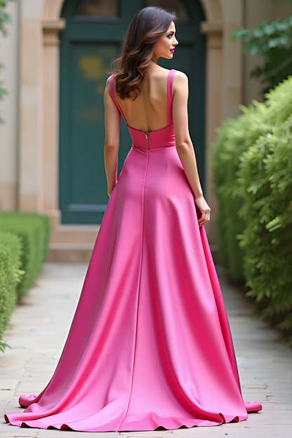 Fuchsia Square Neck Satin A Line Long Prom Dress with Slit