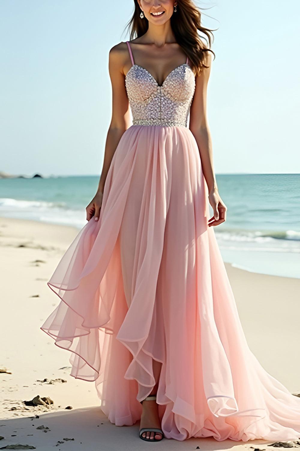 Blush A Line Beaded Long Wedding Guest Dress with Ruffles