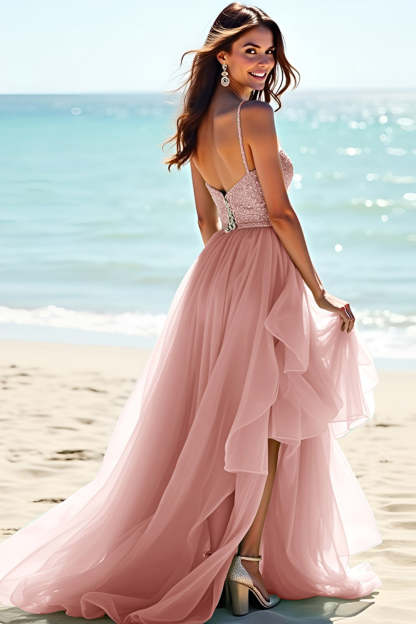 Blush A Line Beaded Long Wedding Guest Dress with Ruffles
