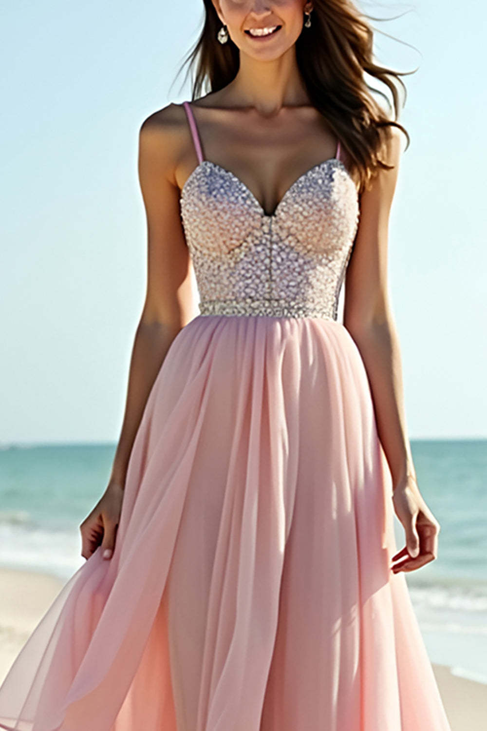 Blush A Line Beaded Long Wedding Guest Dress with Ruffles