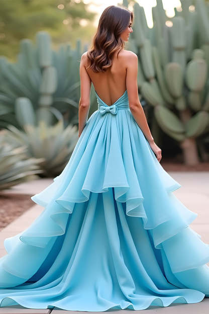 Halter Neck Blue Ball Gown Ruffled Long Prom Dress with Bow