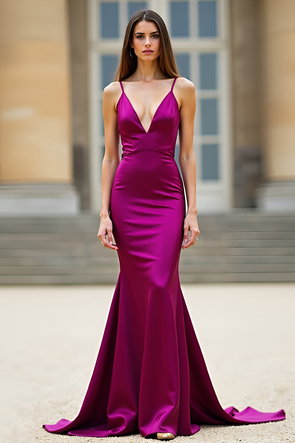 Dark Purple Spaghetti Straps V Neck Mermaid Long Prom Dress