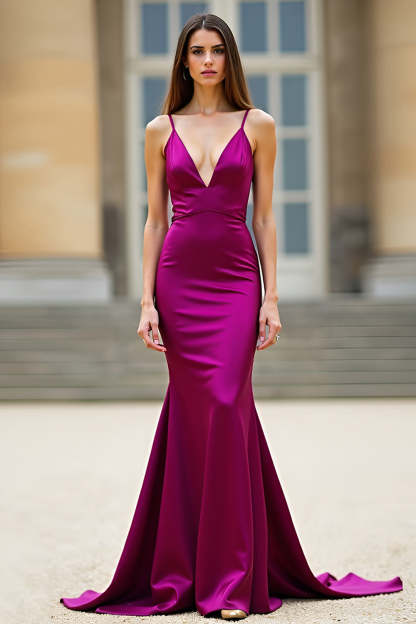 Dark Purple Spaghetti Straps V Neck Mermaid Long Prom Dress