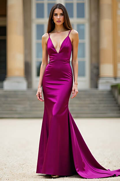 Leely Women Dark Purple Spaghetti Straps Mermaid Prom Dress Backless V-Neck Satin Long Evening Dress