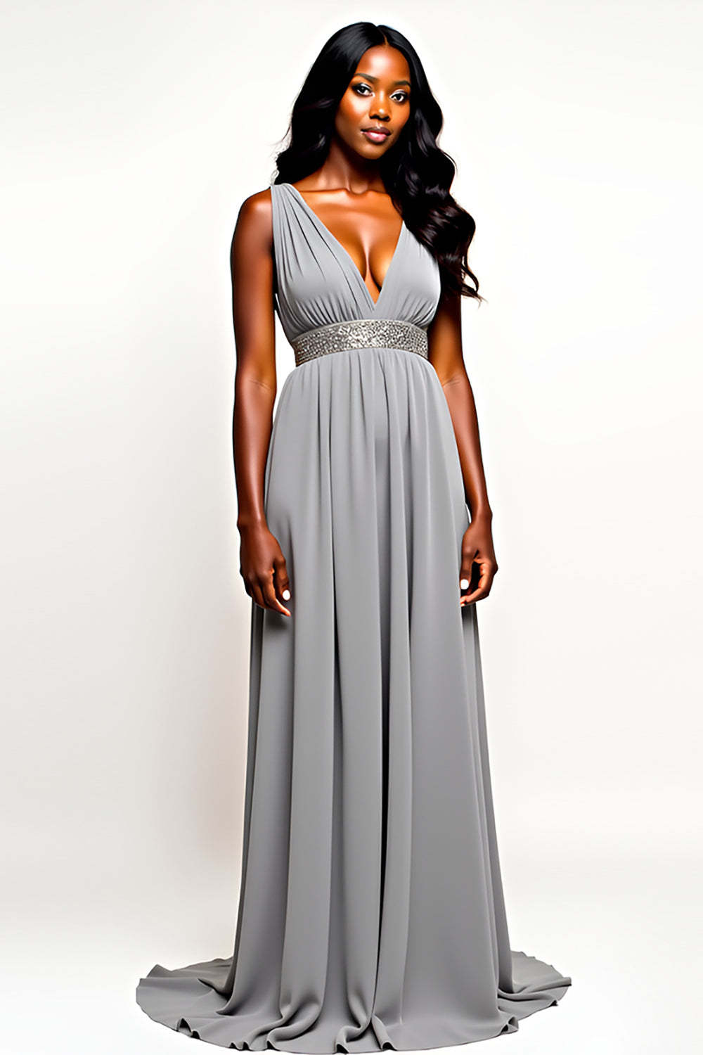 Leely Women Grey Long Chiffon A Line Wedding Guest Dress V-Neck Sleeveless Beaded Formal Dress
