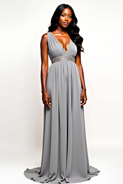 Leely Women Grey Long Chiffon A Line Wedding Guest Dress V-Neck Sleeveless Beaded Formal Dress