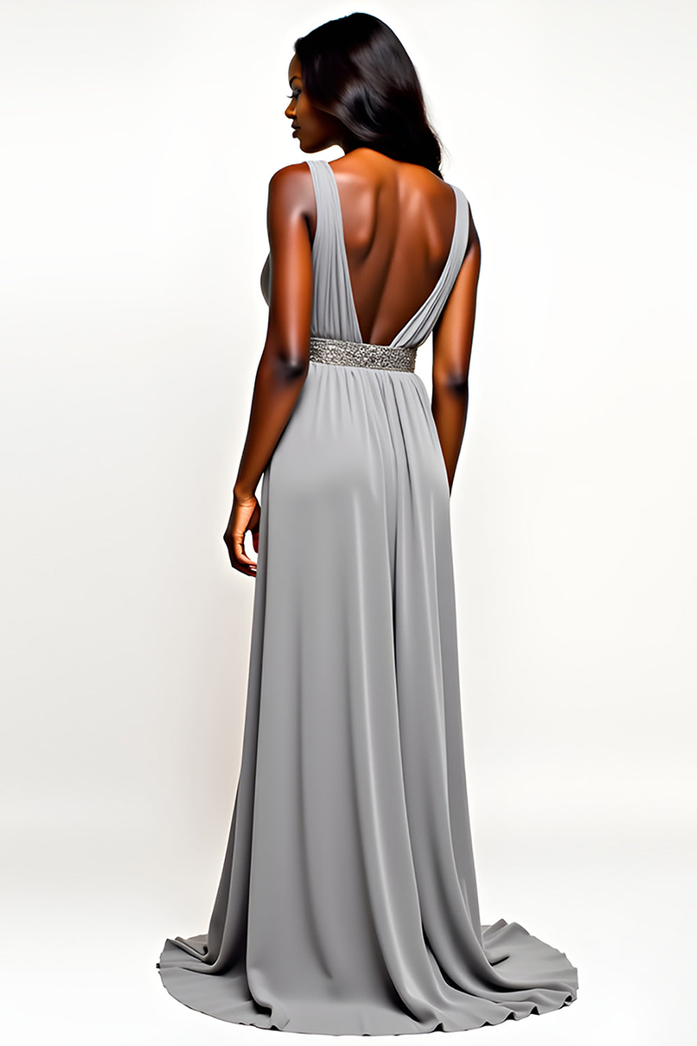 Grey V-Neck Long Chiffon A Line Wedding Guest Dress
