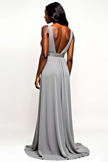 Grey V-Neck Long Chiffon A Line Wedding Guest Dress