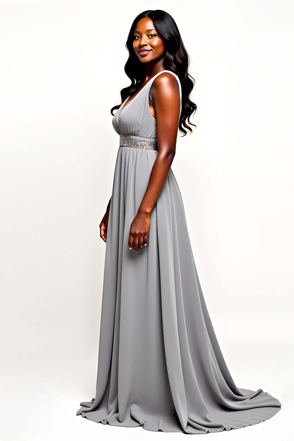 Grey V-Neck Long Chiffon A Line Wedding Guest Dress