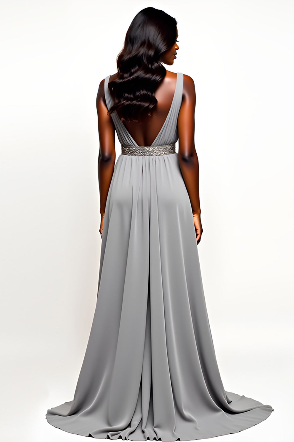 Grey V-Neck Long Chiffon A Line Wedding Guest Dress