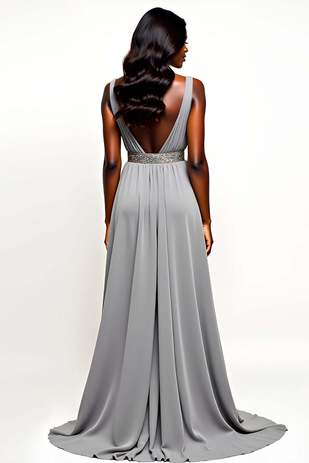 Grey V-Neck Long Chiffon A Line Wedding Guest Dress