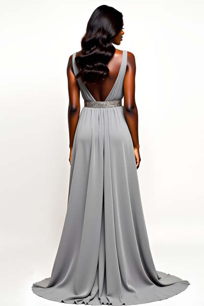Grey V-Neck Long Chiffon A Line Wedding Guest Dress