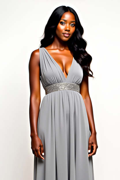 Grey V-Neck Long Chiffon A Line Wedding Guest Dress