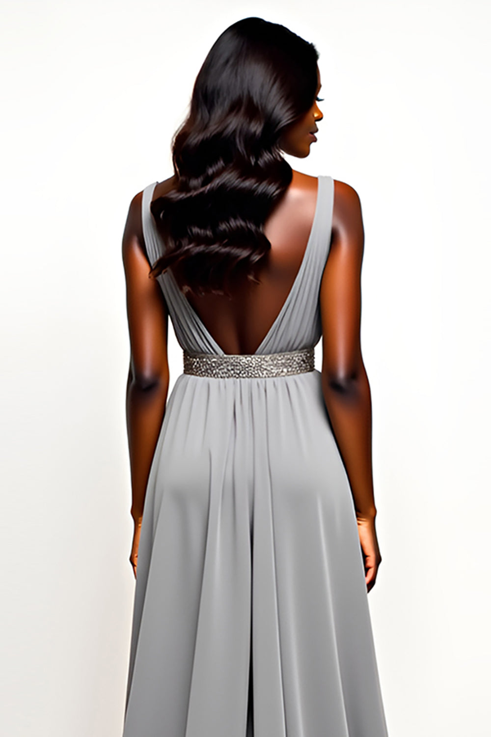 Grey V-Neck Long Chiffon A Line Wedding Guest Dress