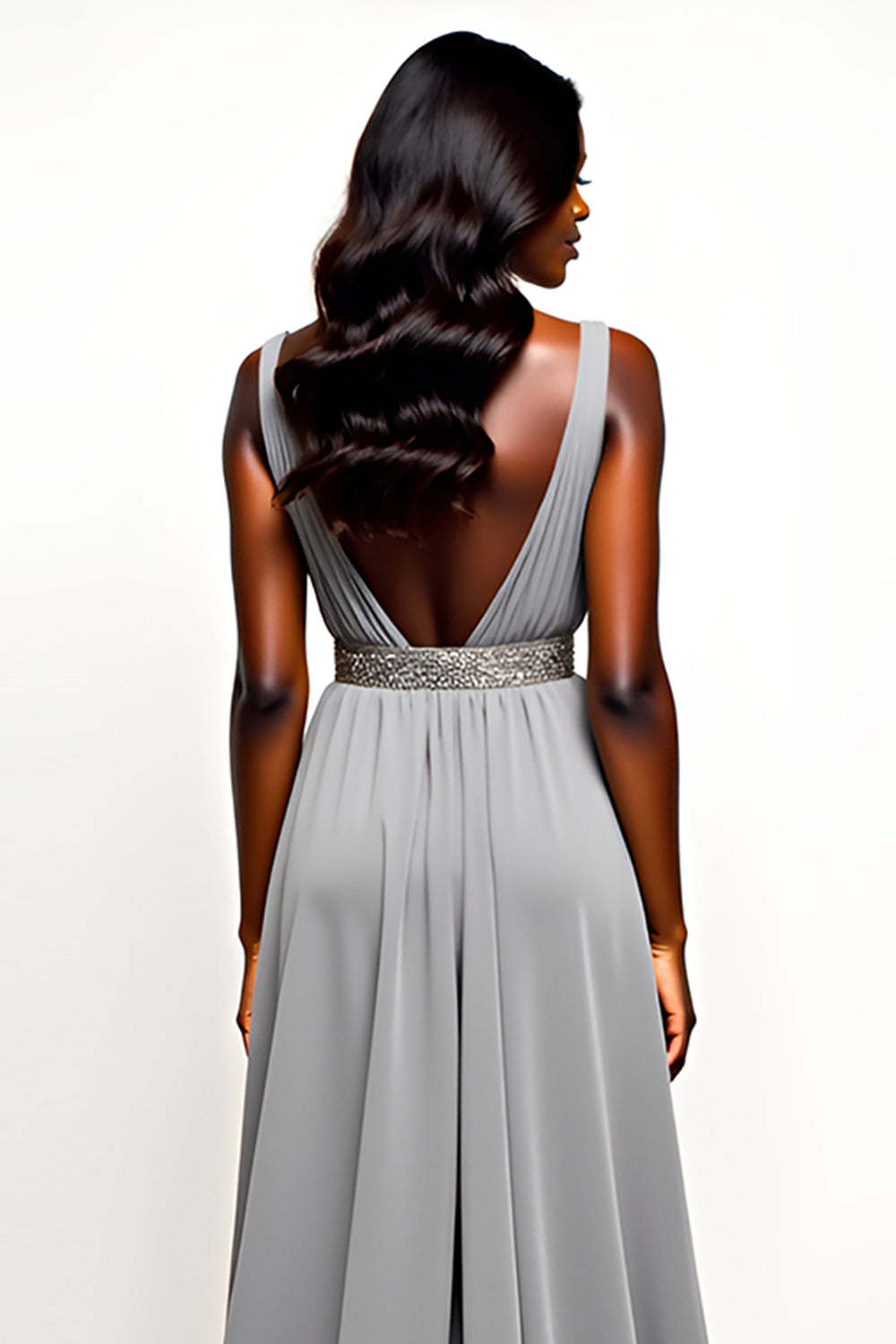 Grey V-Neck Long Chiffon A Line Wedding Guest Dress