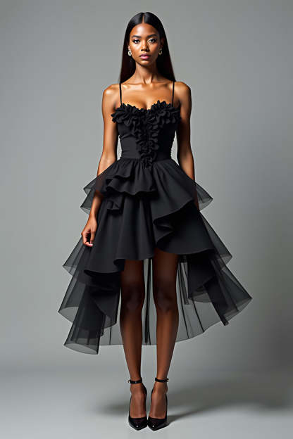 Leely Women Black A Line V-Neck Tiered Ruffles Graduation Dress Spaghetti Straps Backless V-Neck High Low Little Black Dress