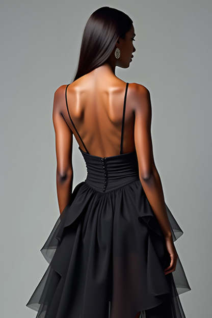 Black A Line V-Neck Tiered Ruffles High Low Graduation Dress