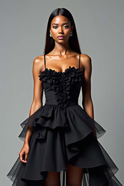 Black A Line V-Neck Tiered Ruffles High Low Graduation Dress