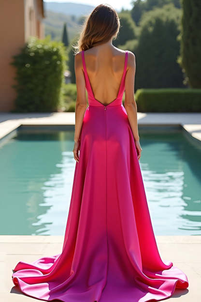 Fuchsia A Line Spaghetti Straps Long Backless Prom Dress with Slit