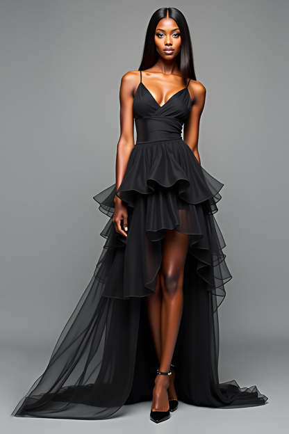 Leely Women Black A Line Ruffled High Low Graduation Dress Spaghetti Straps Spaghetti Straps V-Neck Little Black Dress