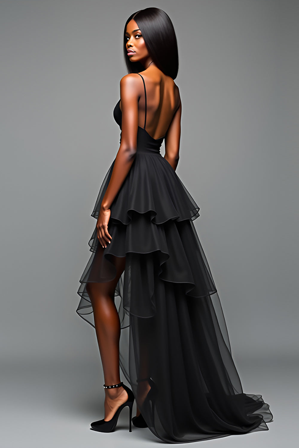 Black A Line Spaghetti Straps Ruffled High Low Graduation Dress